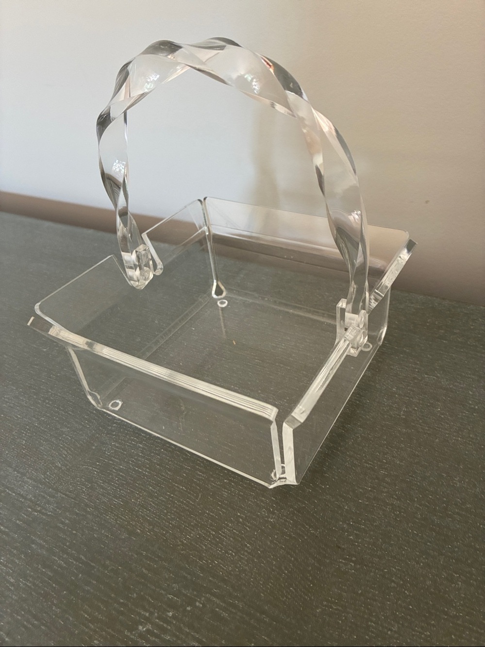Vintage Clear Lucite Vanity Basket Twisted Handle Hollywood Regency 7.5”